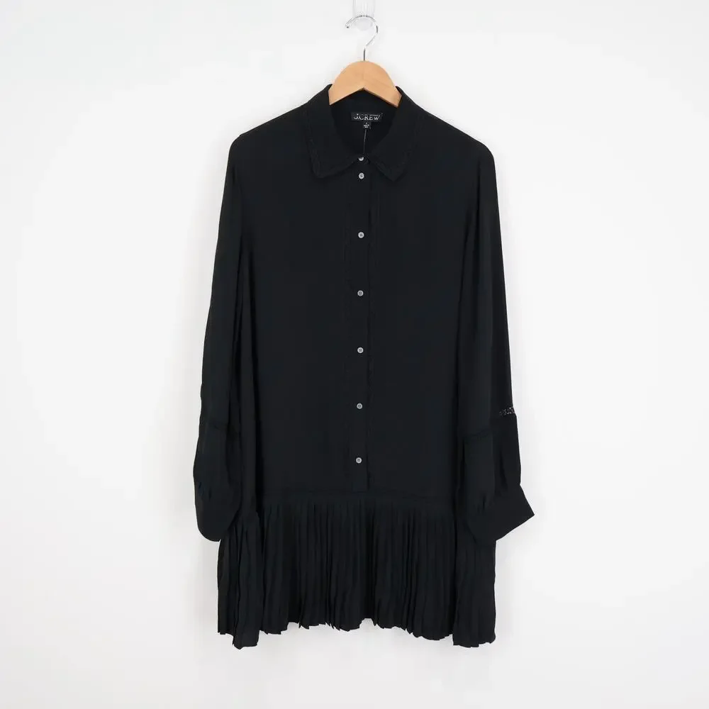 NWT J.Crew New Amelia Shirt-Dress In Crepe De Chine Pleated Black Size Large